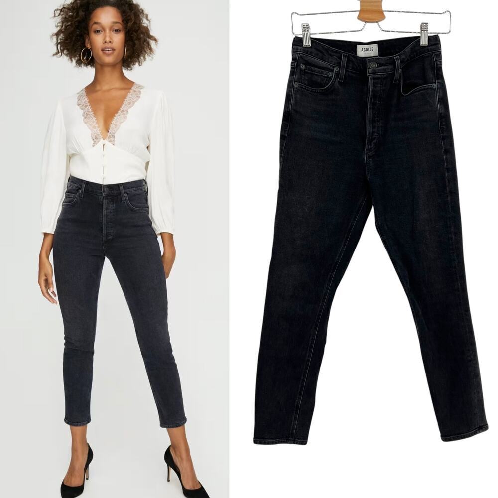Agolde Nico Jeans High Rise Slim Virtue Wash‎ Stretch Denim Black Grey Size 26